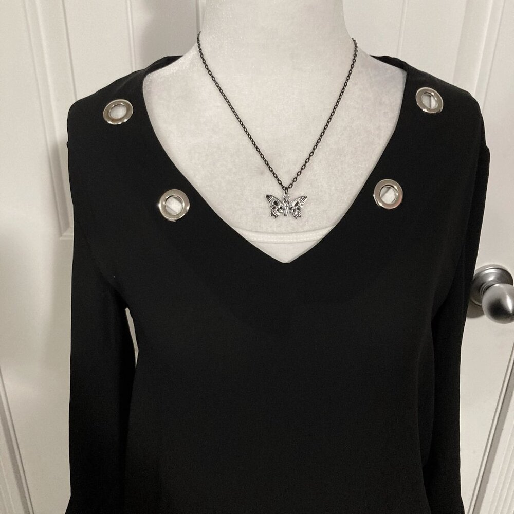 WAREHOUSE ONE Black semi-sheer shirt with silver tone grommets ~ XS SMALL top - Picture 4 of 14